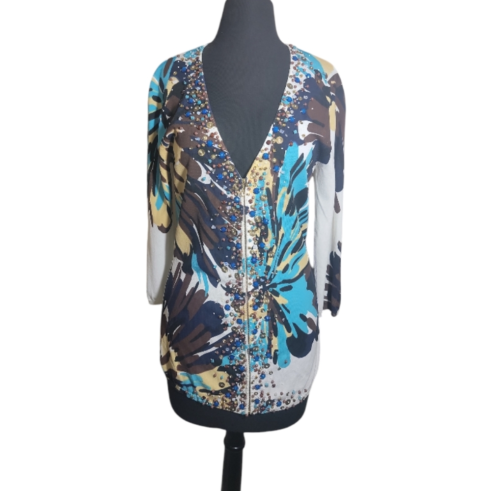 Just B floral beaded zip up cardigan women's medium v neck 3/4 sleeve